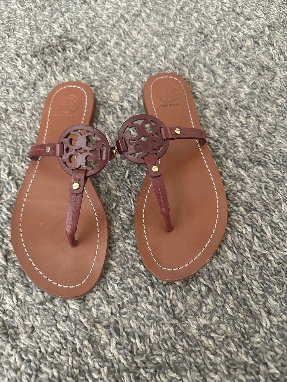 Tory Burch Burgundy Leather Logo Thong Sandals